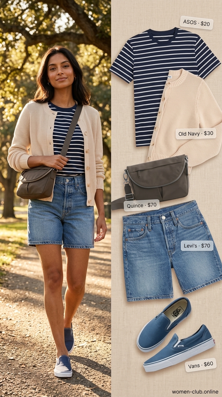 Weekend Wanderer Outfits 2026 Weekend Wanderer outfit with cut off summer denim shorts for women 2026, striped tee, and knit cardigan.