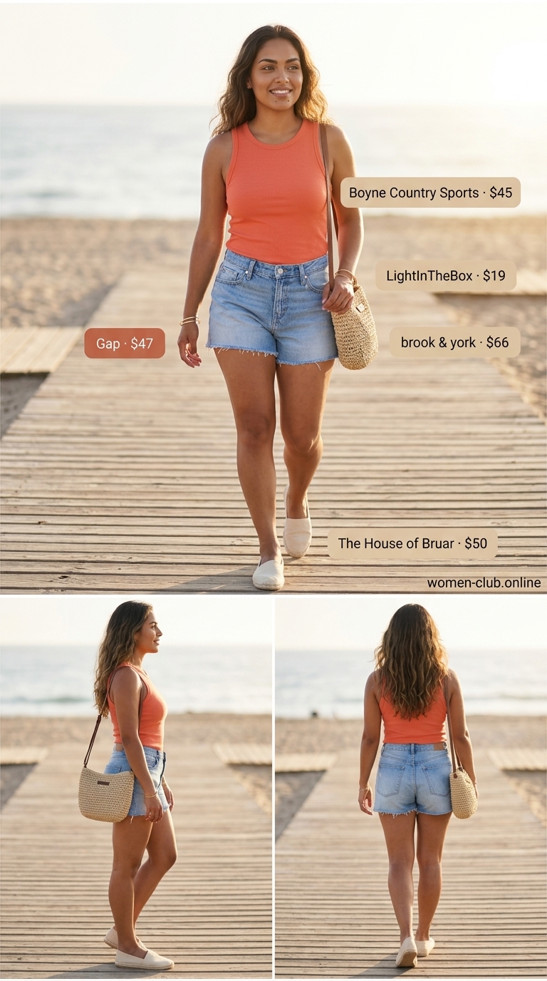 Cut Off Denim Shorts Outfit 2026: Coastal Comfort Relaxed coastal outfit with cut off summer denim shorts for women 2026 and ribbed knit tank.