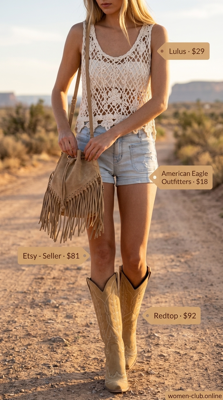 Cut Off Denim Shorts Outfit 2026: Festival Vibes Boho festival outfit with distressed cut off summer denim shorts for women 2026 and crochet top.