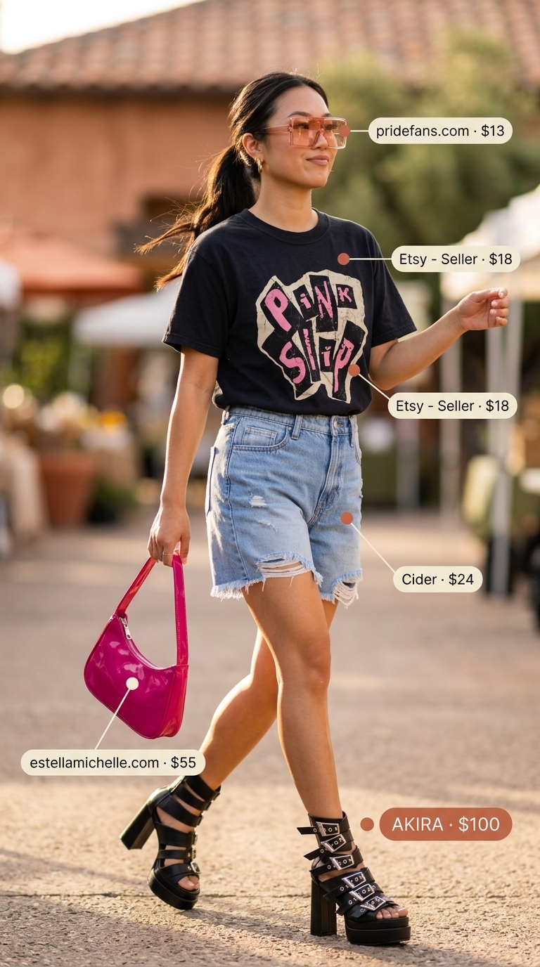 Cut Off Denim Shorts Outfit 2026: Retro Festival Fun retro festival outfit with distressed cut off summer denim shorts for women 2026 and graphic tee.