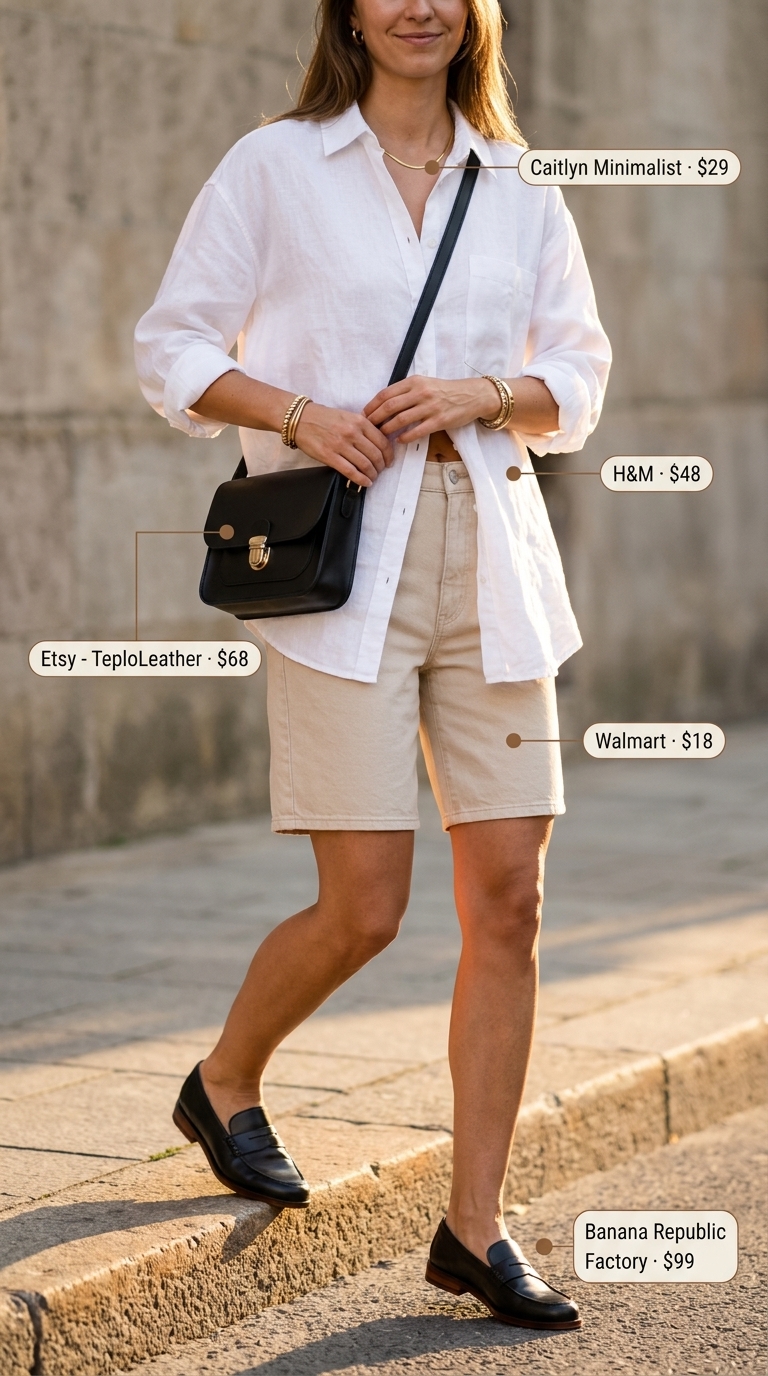 Cut Off Denim Shorts Outfit 2026: Urban Explorer Chic urban outfit with tailored cut off summer denim shorts for women 2026 and linen shirt.