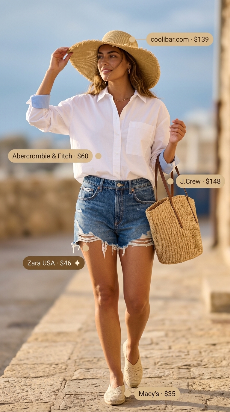 Cut Off Denim Shorts Outfit 2026: Coastal Getaway Relaxed vacation outfit with high-waisted cut off summer denim shorts for women 2026 and straw hat.