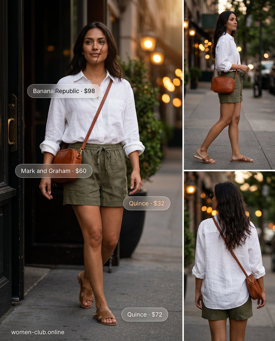 Cute summer dinner outfit for women 2026: Olive green linen shorts, white oversized shirt, tan slides, and crossbody bag.