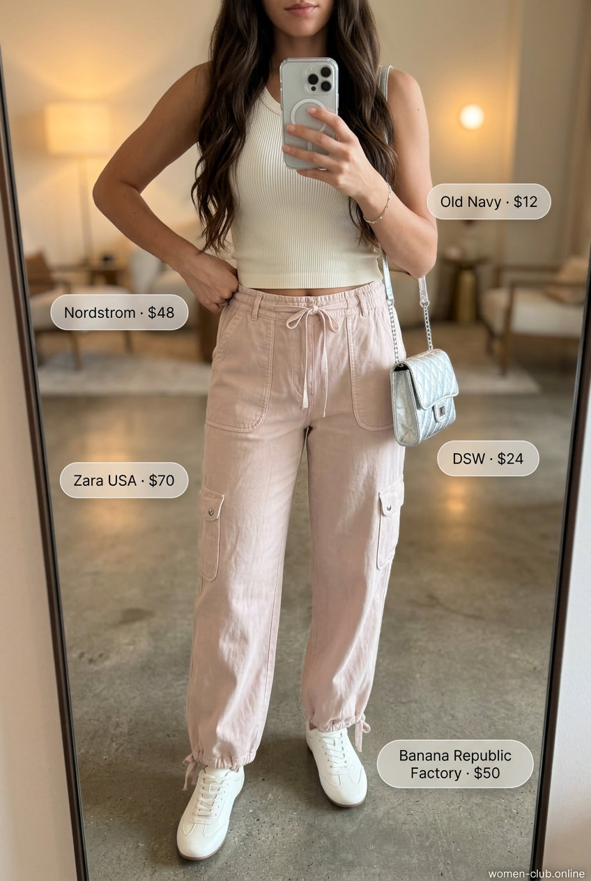 Cute summer dinner outfits for women 2026: Blush pink cargo pants, white tank top, sneakers, silver bag.
