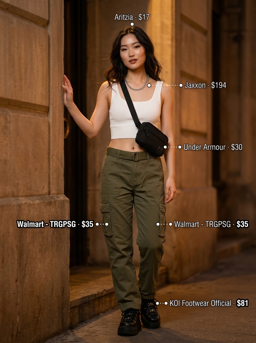 Cute summer dinner outfit for women 2026: Olive green cargo pants, white cropped tank, and platform sneakers.