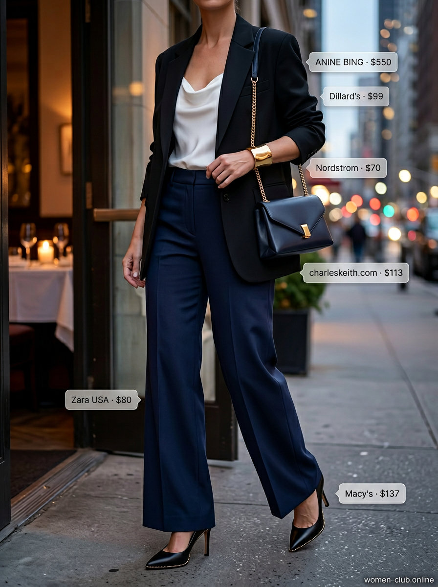 Cute summer dinner outfit for women 2026: Navy trousers, ivory camisole, black blazer, and gold cuff.