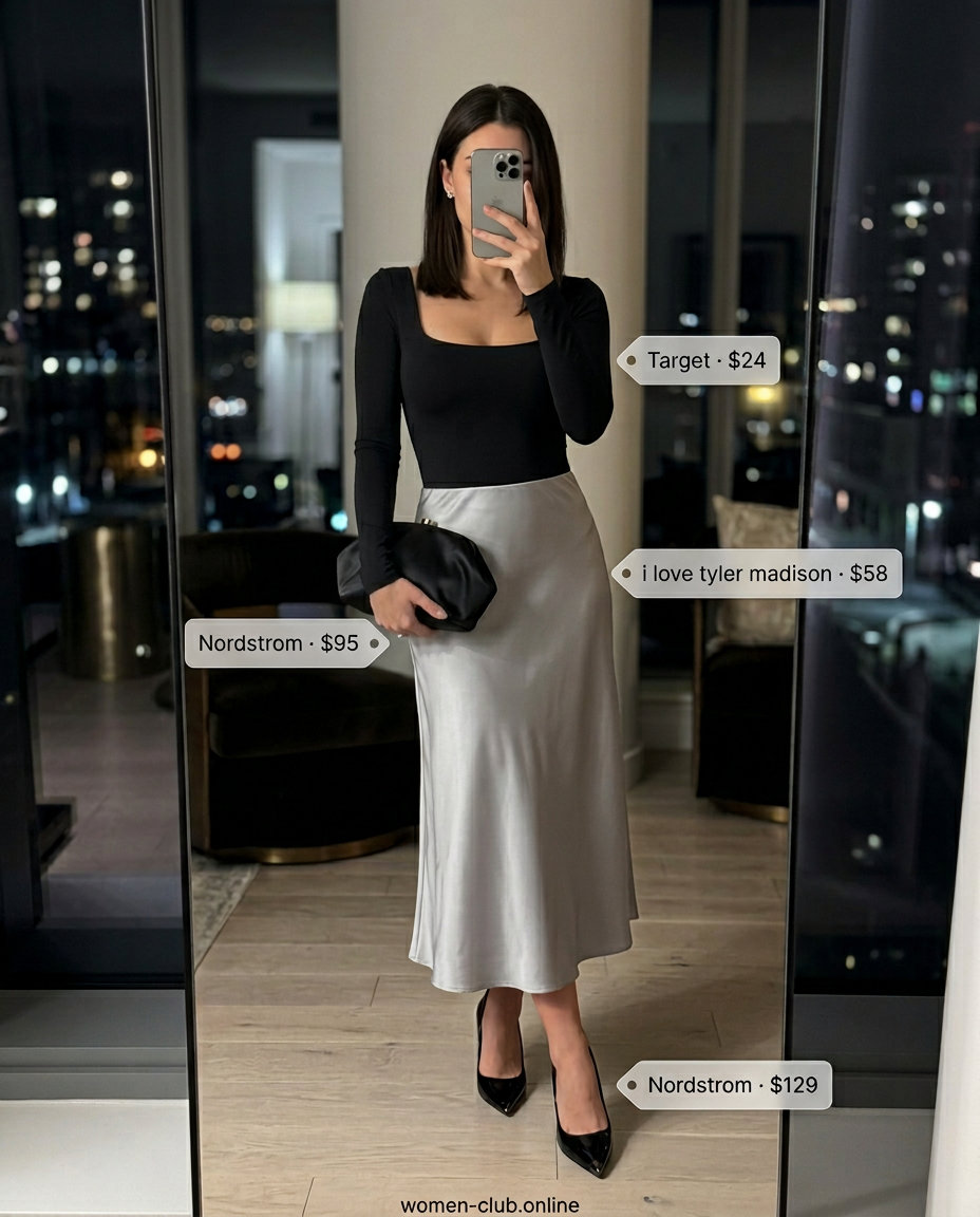 Cute summer dinner outfit for women 2026: Silver slip skirt, black bodysuit, black heels, and geometric clutch.