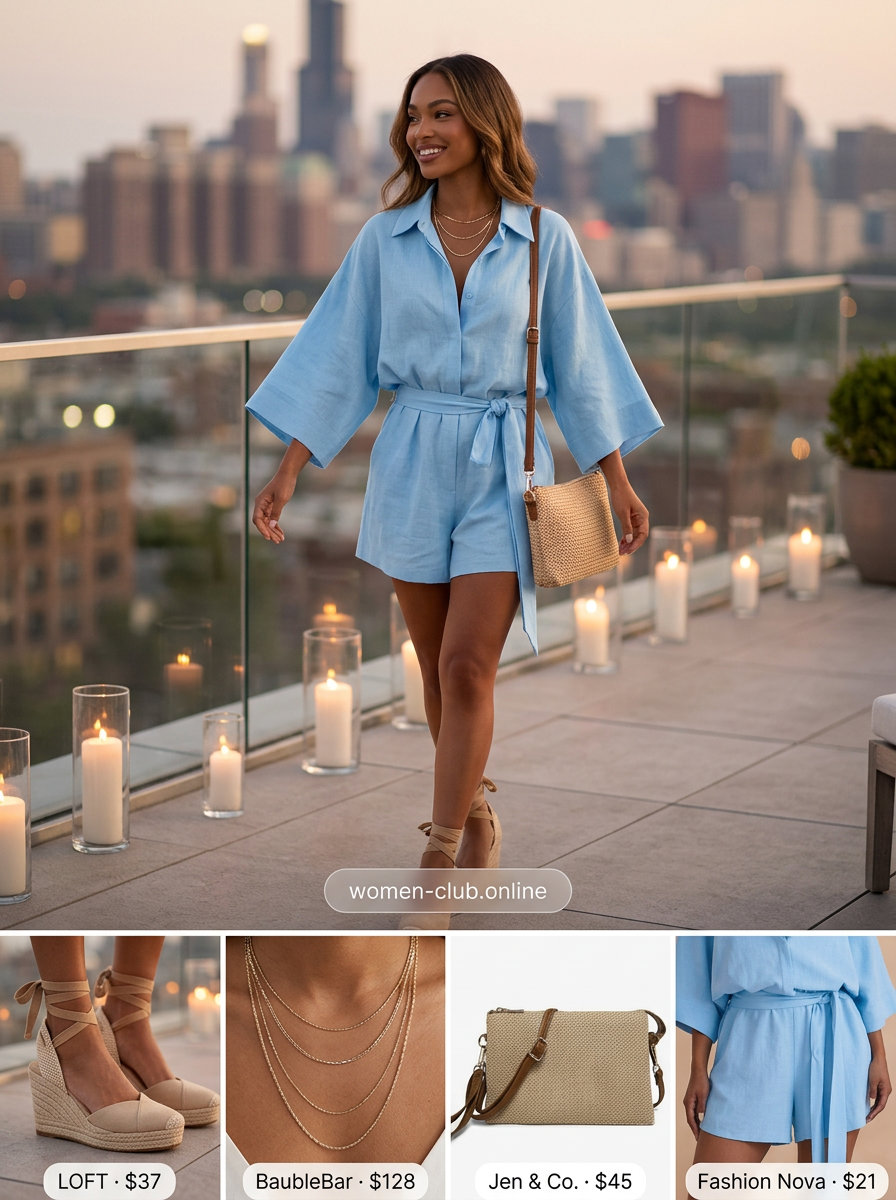 Cute summer dinner outfit for women 2026: Sky blue linen romper, tan espadrilles, and straw crossbody bag.