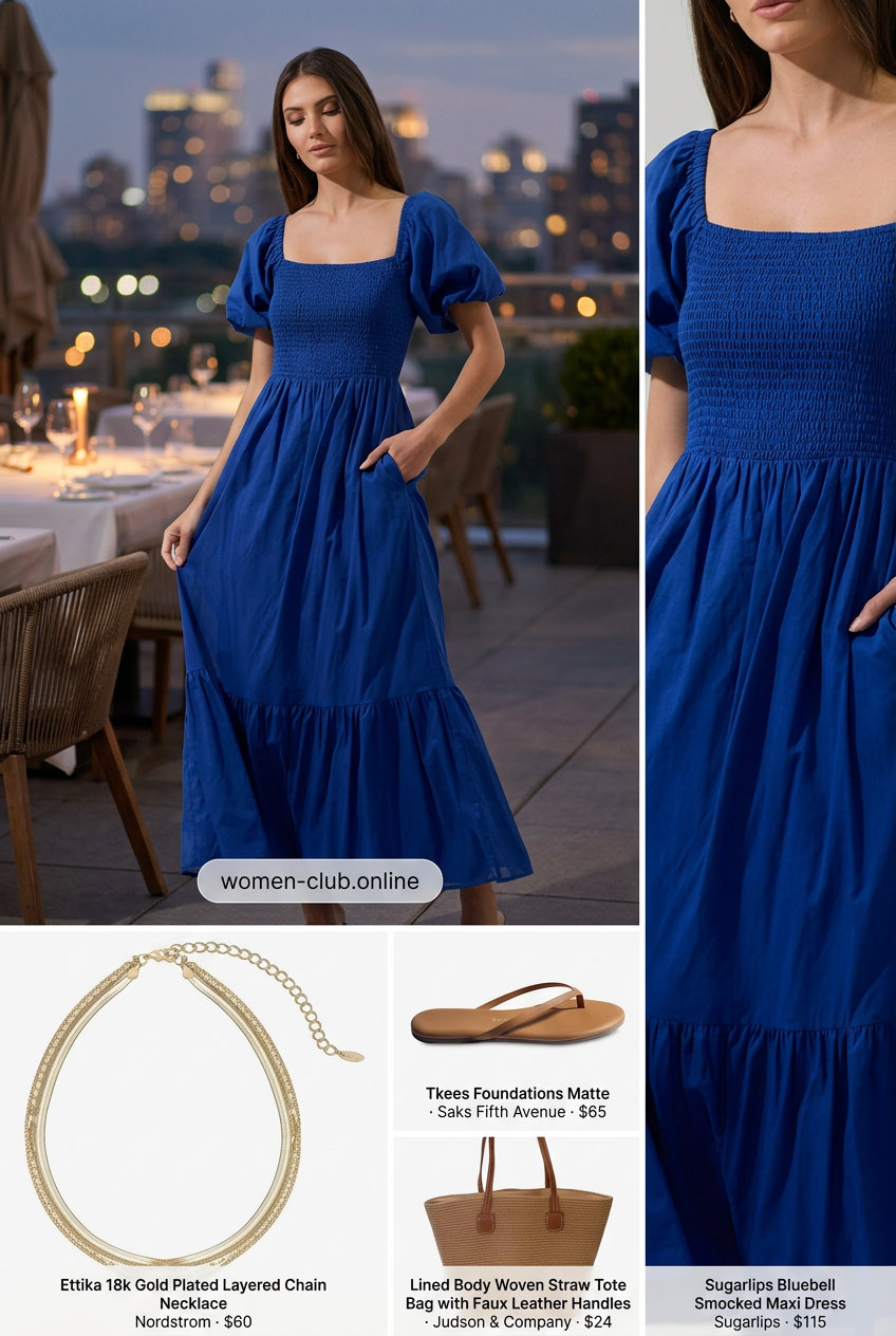Cute summer dinner outfit for women 2026: Navy maxi dress, flat sandals, straw tote, and layered gold necklaces.