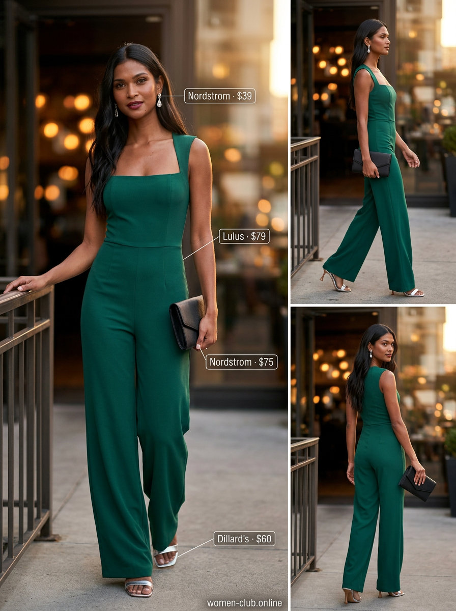 Cute summer dinner outfit for women 2026: Emerald green wide-leg jumpsuit, silver heels, and crystal earrings.