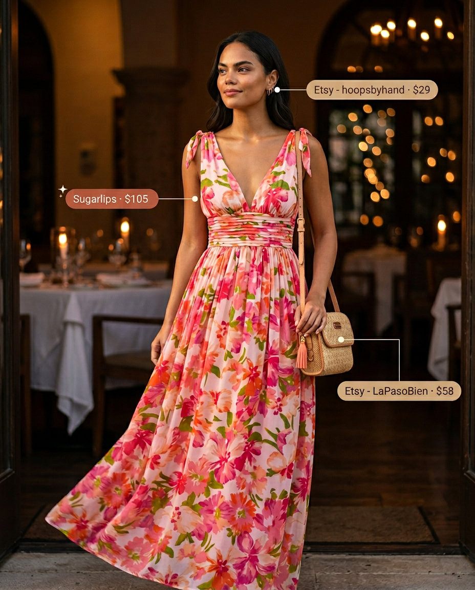 Cute summer dinner outfit for women 2026: Floral maxi dress, espadrilles, and straw crossbody bag.