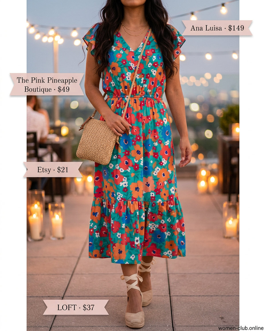 Cute summer dinner outfit for women 2026: Coral/teal floral midi dress, espadrille wedges, and straw bag.