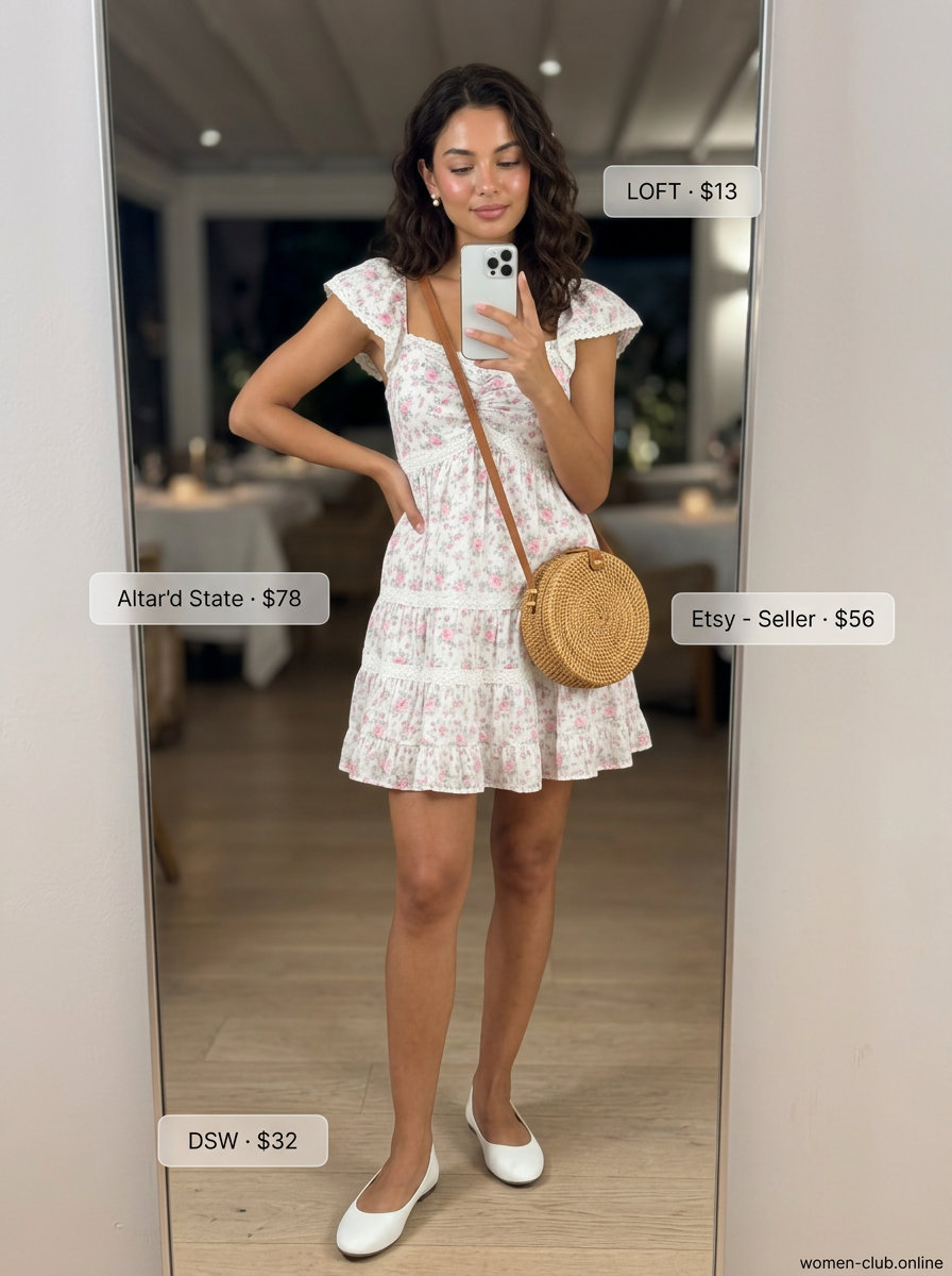 Cute summer dinner outfits for women 2026: Pink floral dress, ballet flats, pearl earrings, straw bag.