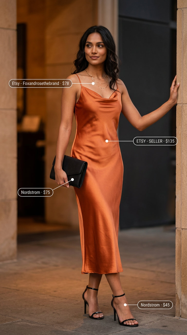 Cute summer dinner outfits for women 2026: Orange satin slip dress, black sandals, gold jewelry.