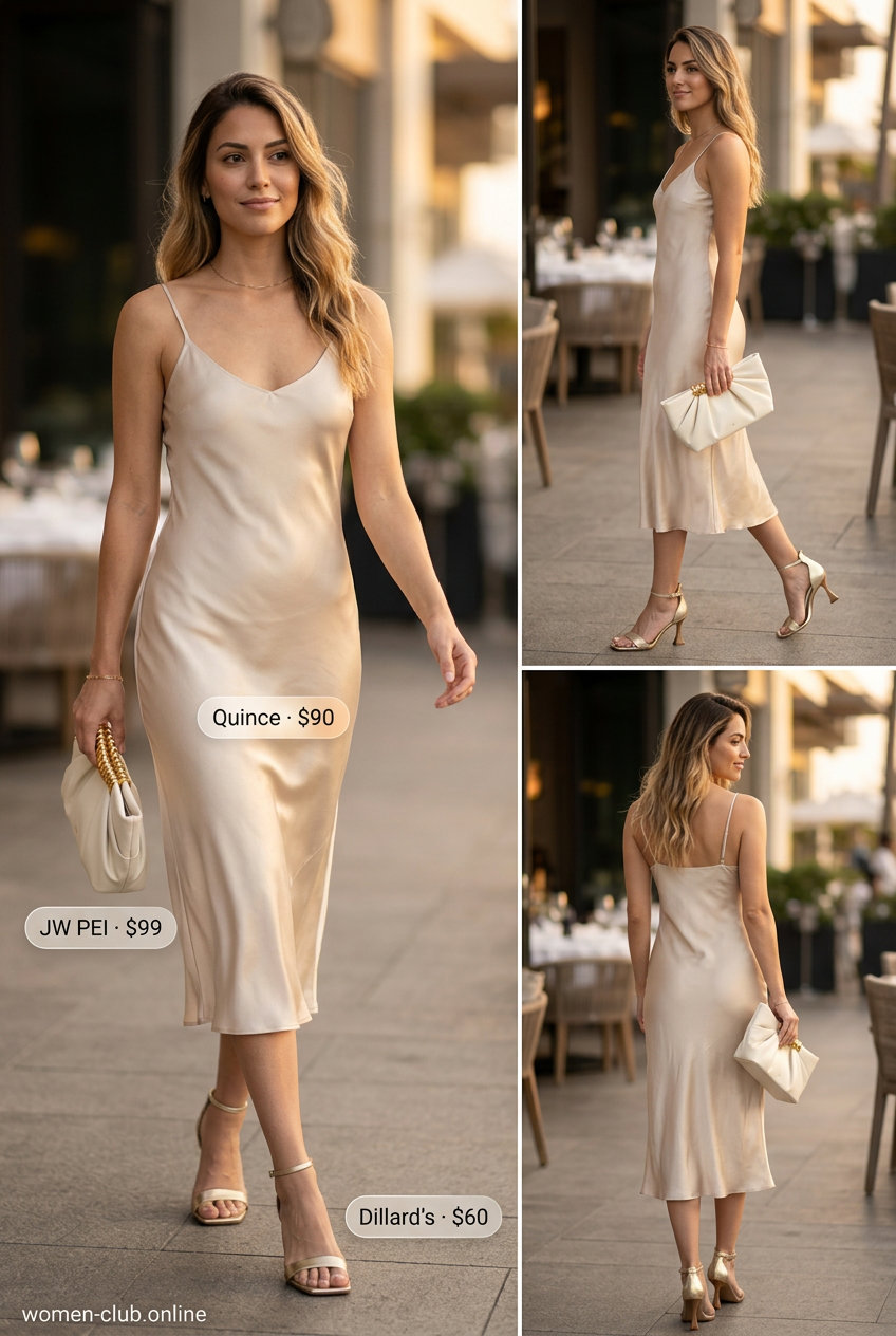Cute summer dinner outfit for women 2026: Champagne silk slip dress, gold heels, and ivory clutch for date night.