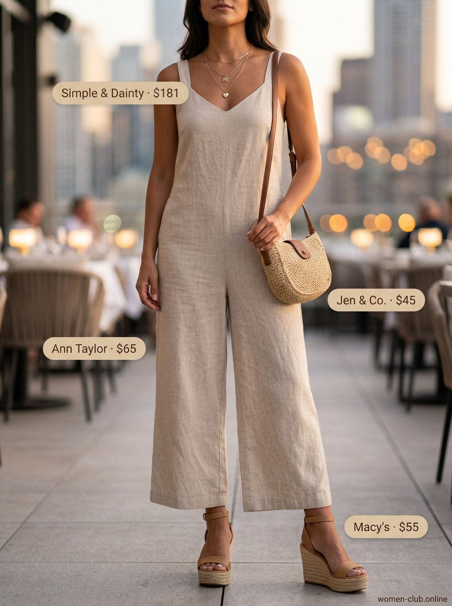 Cute summer dinner outfit for women 2026: Beige linen jumpsuit, espadrilles, and straw crossbody bag.