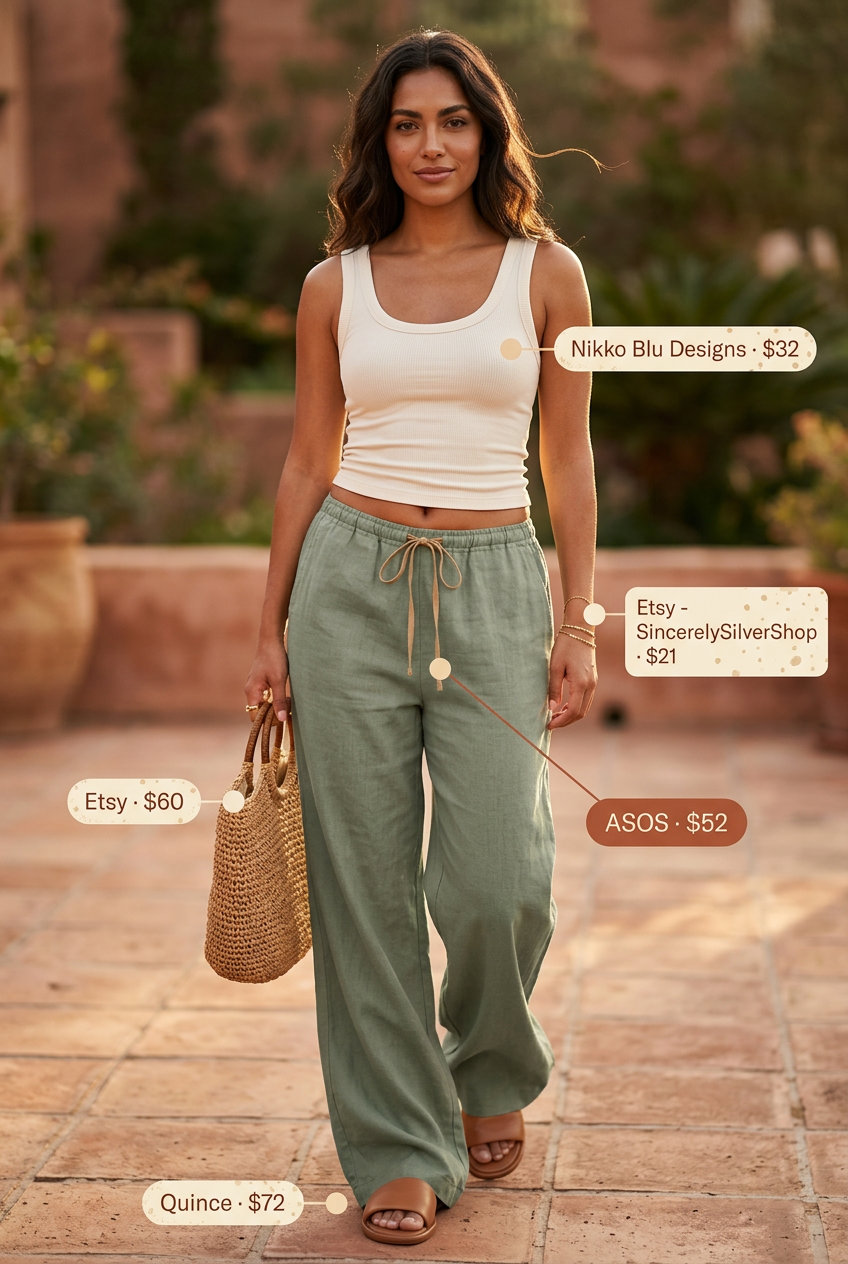 Cute summer dinner outfit for women 2026: Sage green linen pants, cream tank, and tan slides.