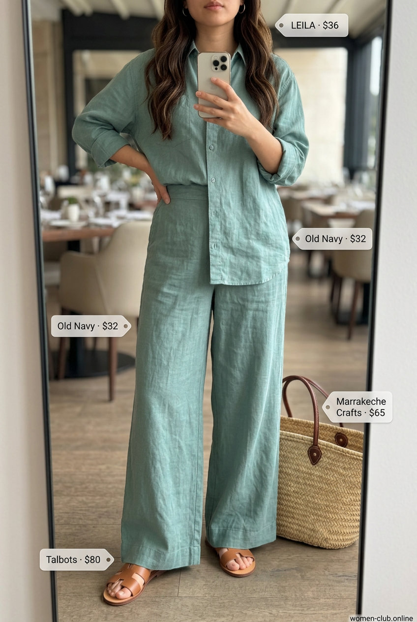 Cute summer dinner outfits for women 2026: Seafoam green linen set, slides, straw tote, gold earrings.