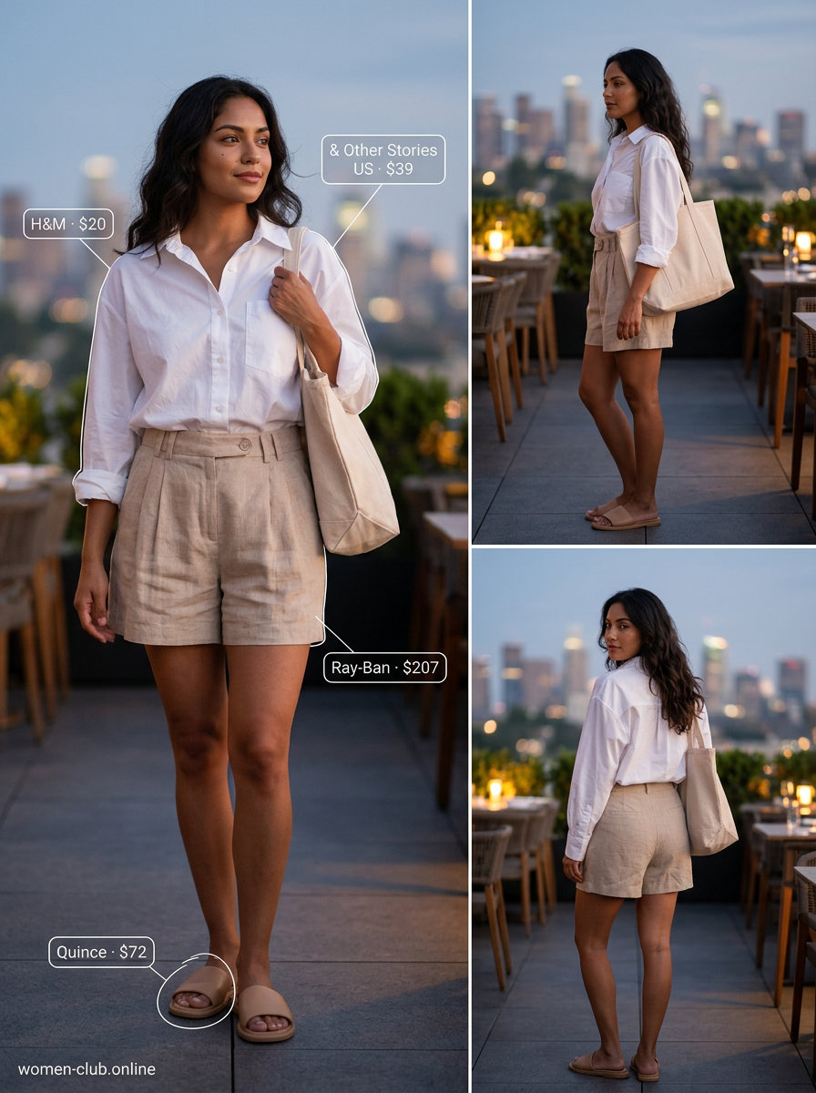 Cute summer dinner outfits for women 2026: Beige linen shorts, oversized white shirt, leather sandals, canvas tote.