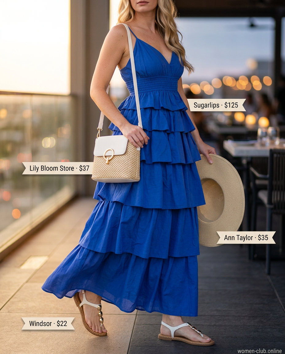 Cute summer dinner outfits for women 2026: Cobalt blue maxi dress, straw hat, embellished sandals, straw bag.