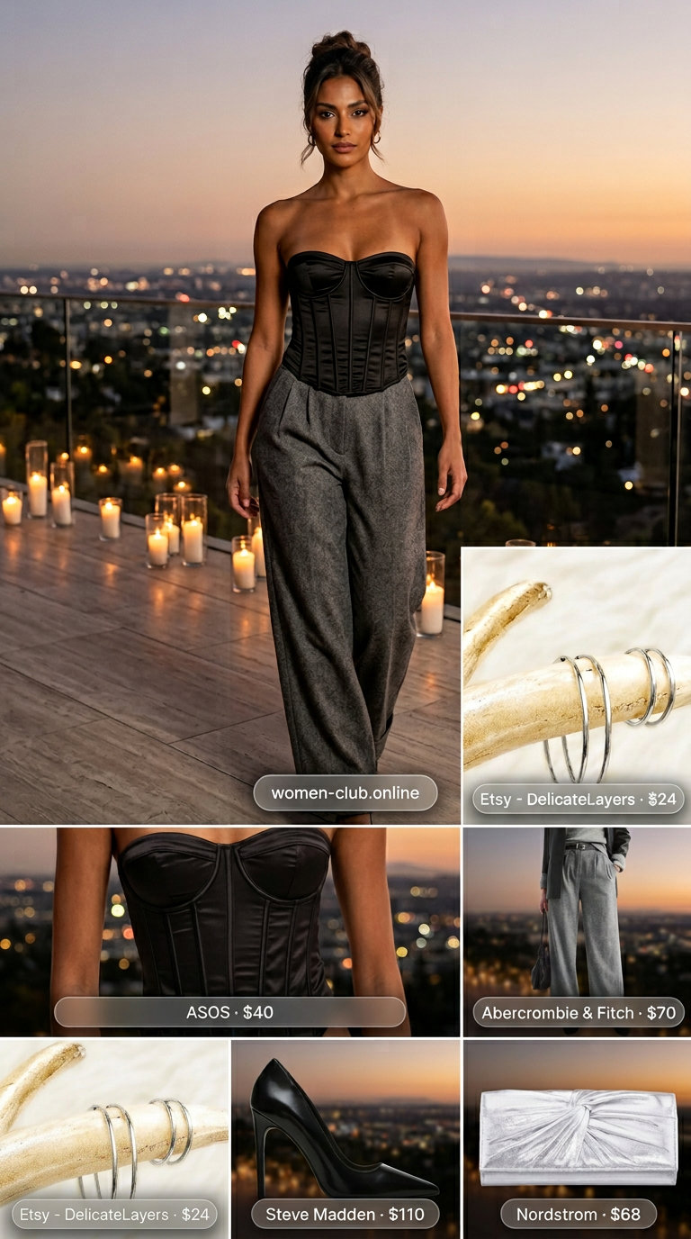 Cute summer dinner outfits for women 2026: Charcoal grey tailored pants, black corset top, silver accessories.