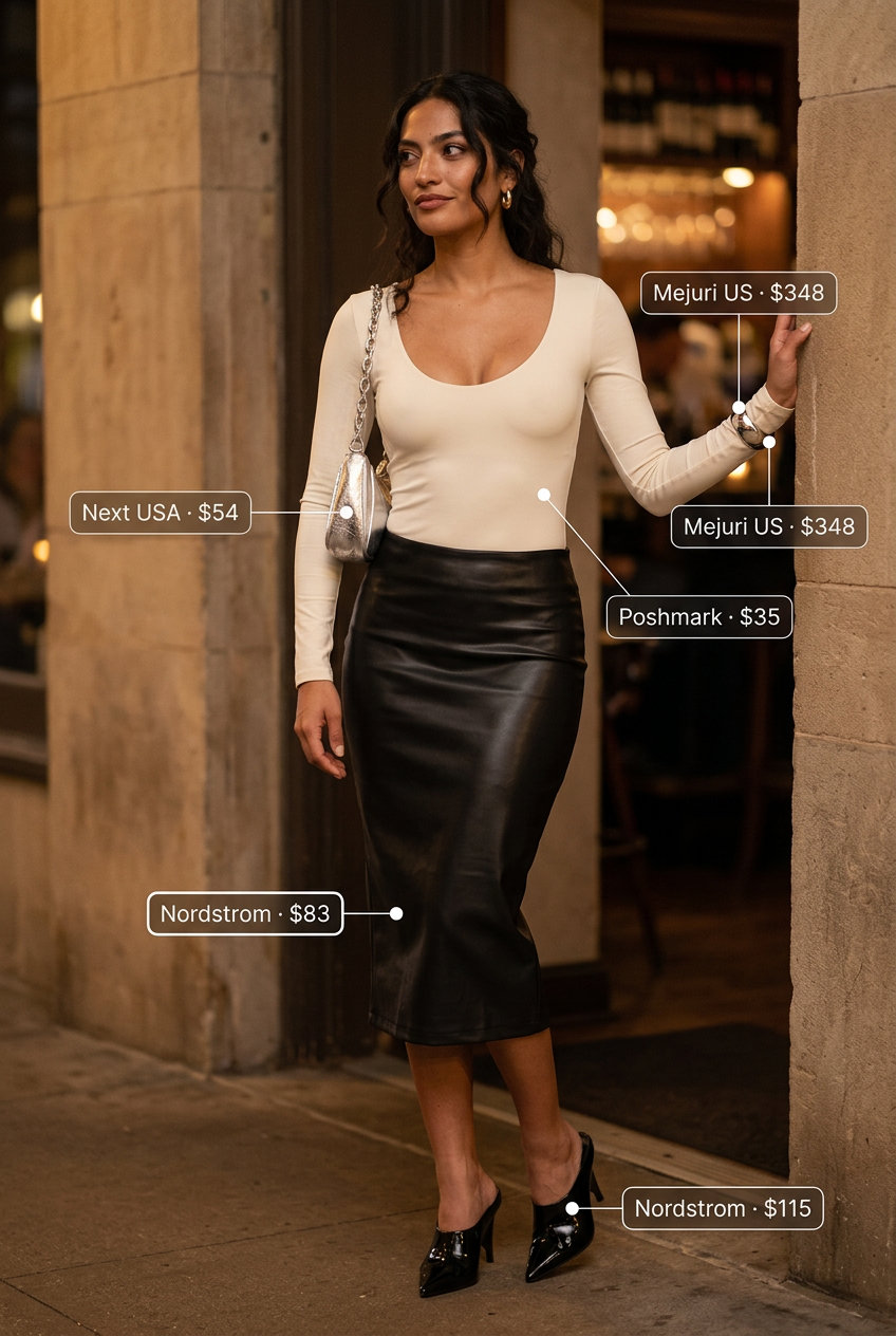 Cute summer dinner outfit for women 2026: Black pencil skirt, cream bodysuit, and heeled mules.