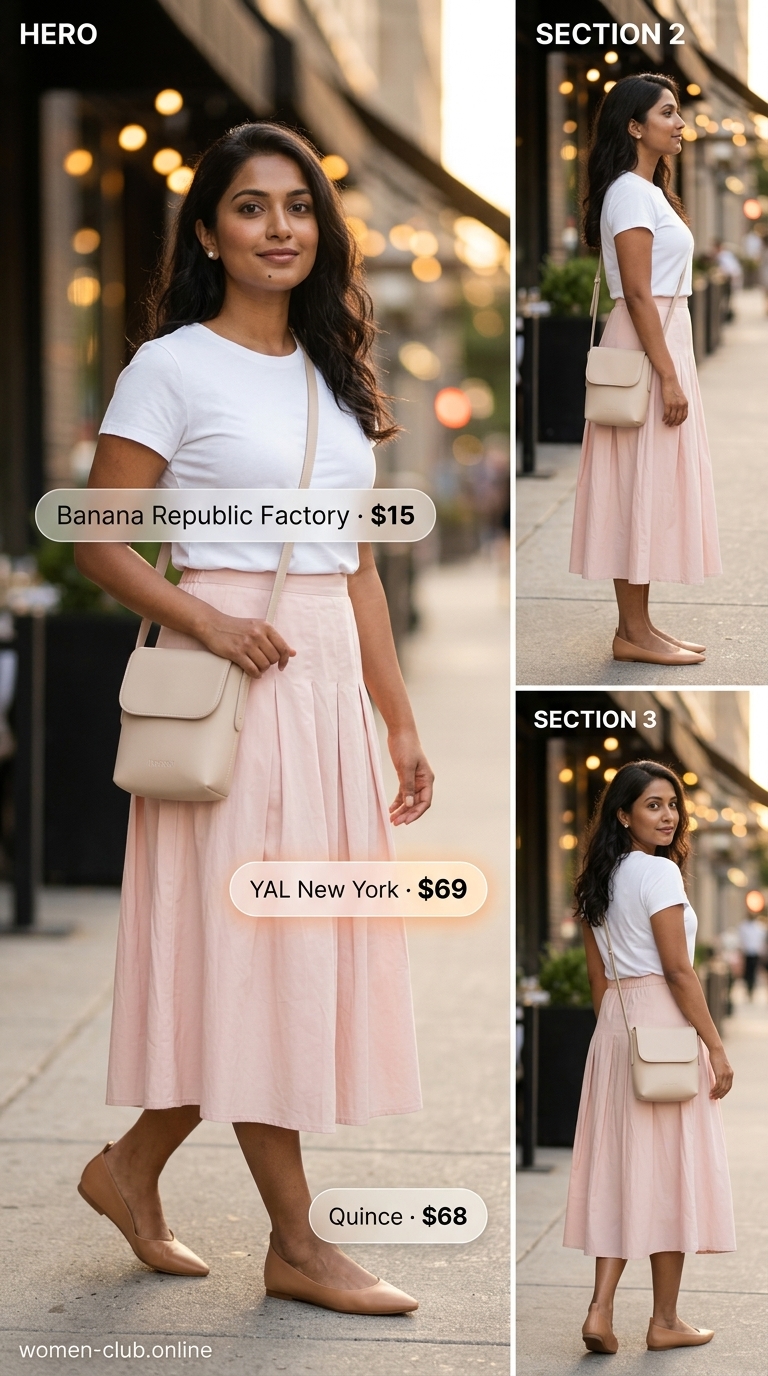 Cute summer dinner outfit for women 2026: Blush pink pleated midi skirt, white tee, and tan ballet flats.