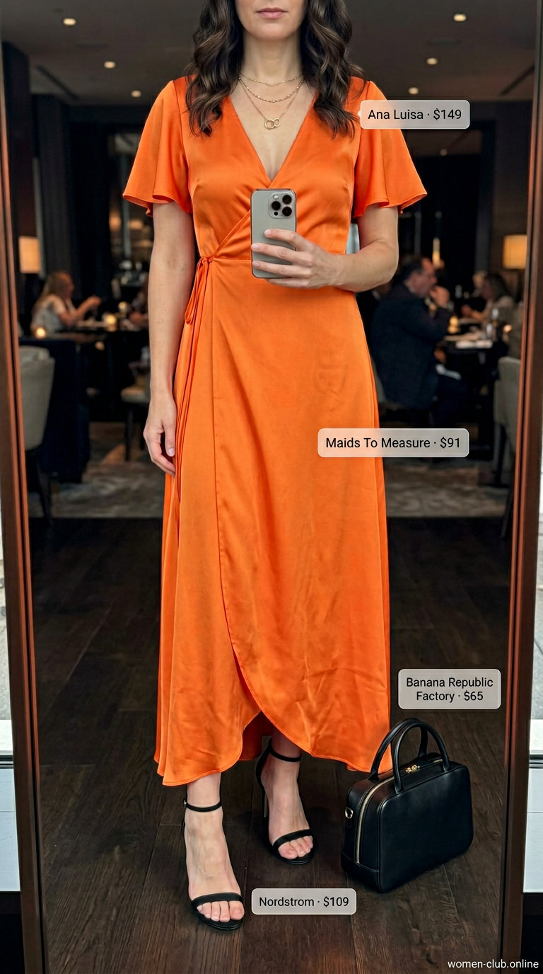 Cute summer dinner outfits for women 2026: Tangerine wrap dress, black sandals, gold necklaces, top-handle bag.