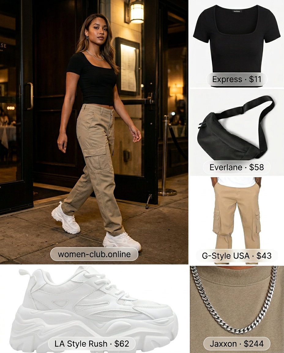 Cute summer dinner outfit for women 2026: Khaki cargo pants, black belt bag, white crop top, and platform sneakers.