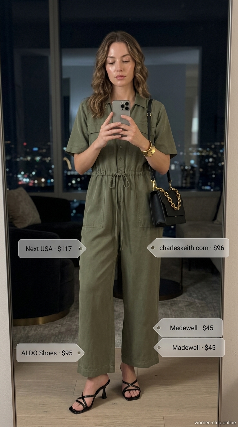 Cute summer dinner outfit for women 2026: Olive green utility jumpsuit, black mules, and gold cuff bracelet.