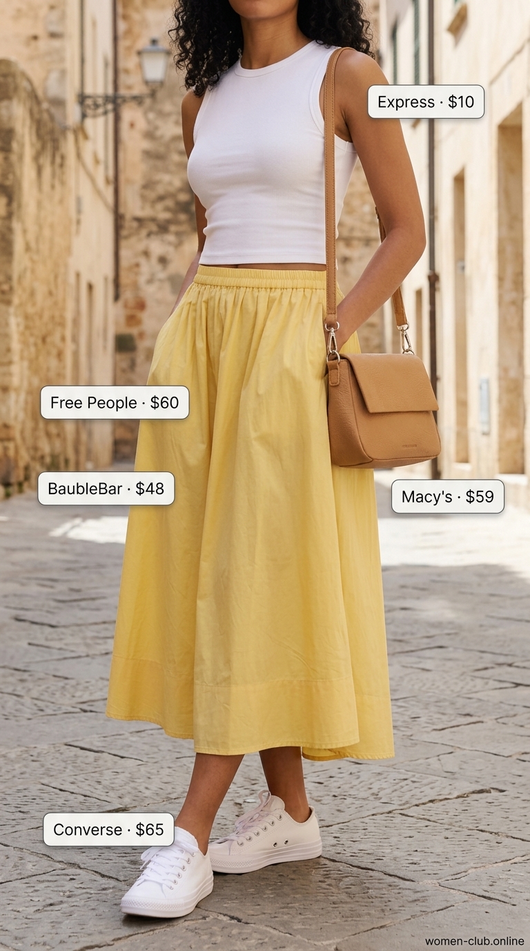 Cute summer dinner outfit for women 2026: Lemon yellow midi skirt, white ribbed tank, and white sneakers.