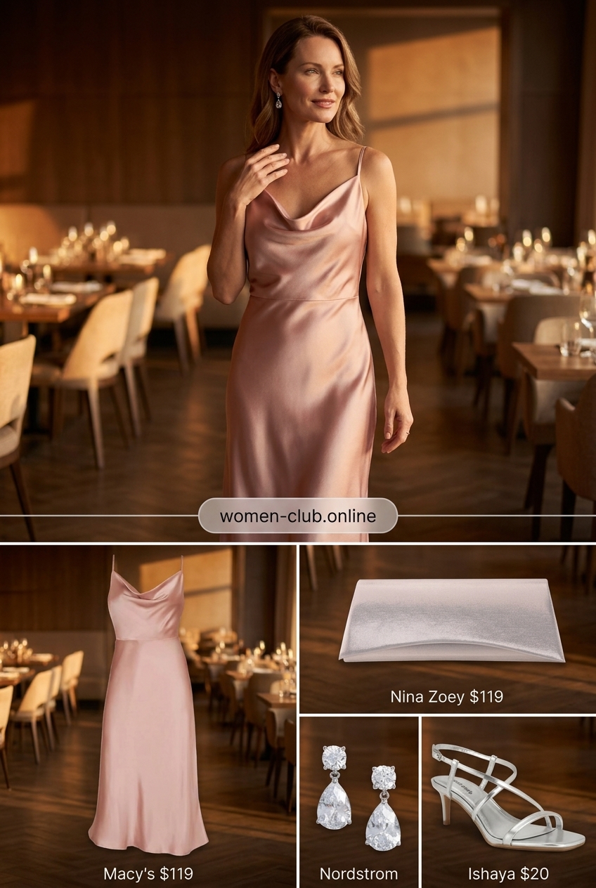 Elegant day dresses summer 2026: Blush pink satin slip dress with silver heels and clutch for cocktail parties.