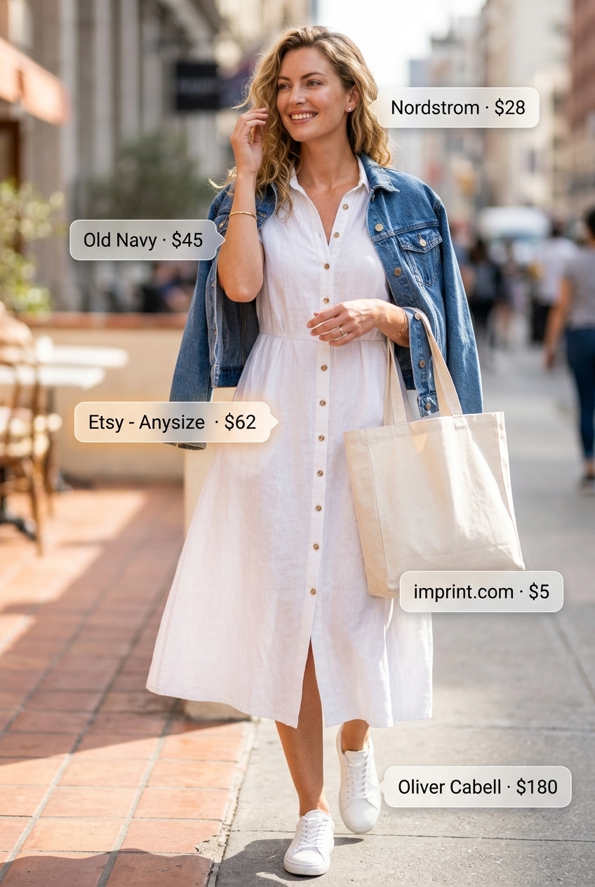 Day dresses summer 2026: White linen midi dress with denim jacket, sneakers, and tote for city exploration.