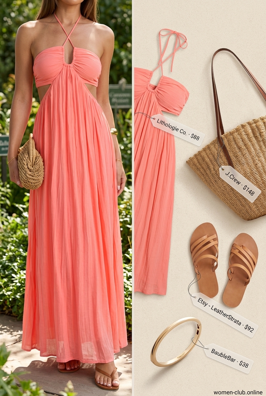 Vibrant day dresses summer 2026: Coral halter maxi dress with straw tote and tan leather sandals.