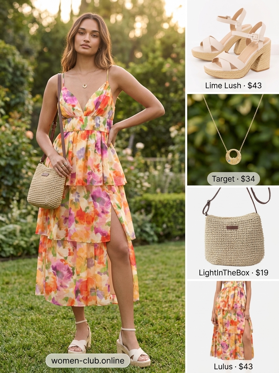 Romantic floral tiered midi dress for day dresses summer 2026, perfect for garden parties and brunch.