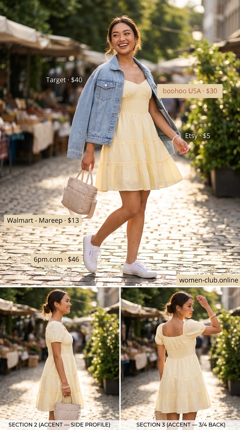 Playful day dresses summer 2026: Lemon yellow sundress with denim jacket, canvas sneakers, and crossbody bag.