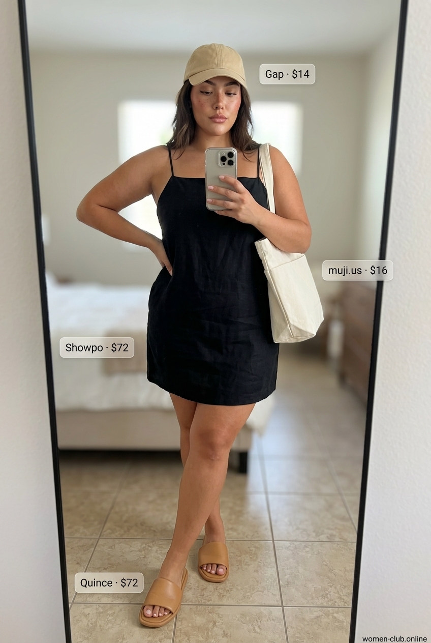 Relaxed day dresses summer 2026: Linen shorts outfit with white top, tan slides, and canvas cap.