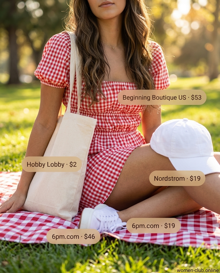 Day dresses summer 2026: Red gingham puff-sleeve mini dress with canvas sneakers and tote for picnics.