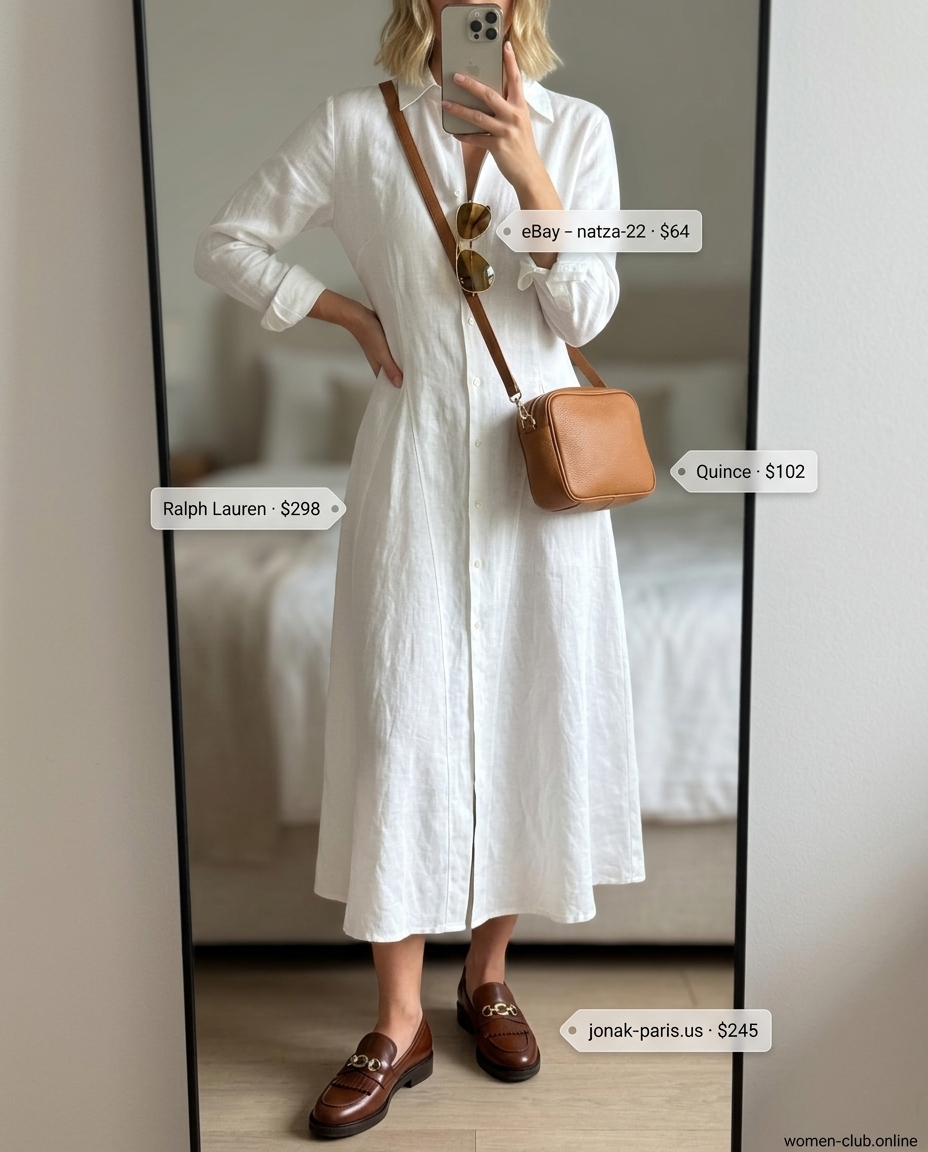 Classic white linen shirt dress for day dresses summer 2026, ideal for city sightseeing and brunch.