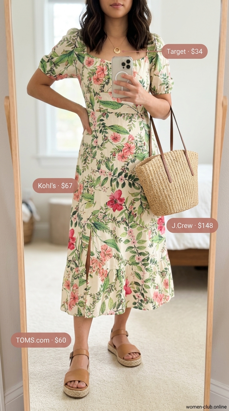 Romantic pastel floral midi dress for day dresses summer 2026, paired with straw tote and espadrilles.