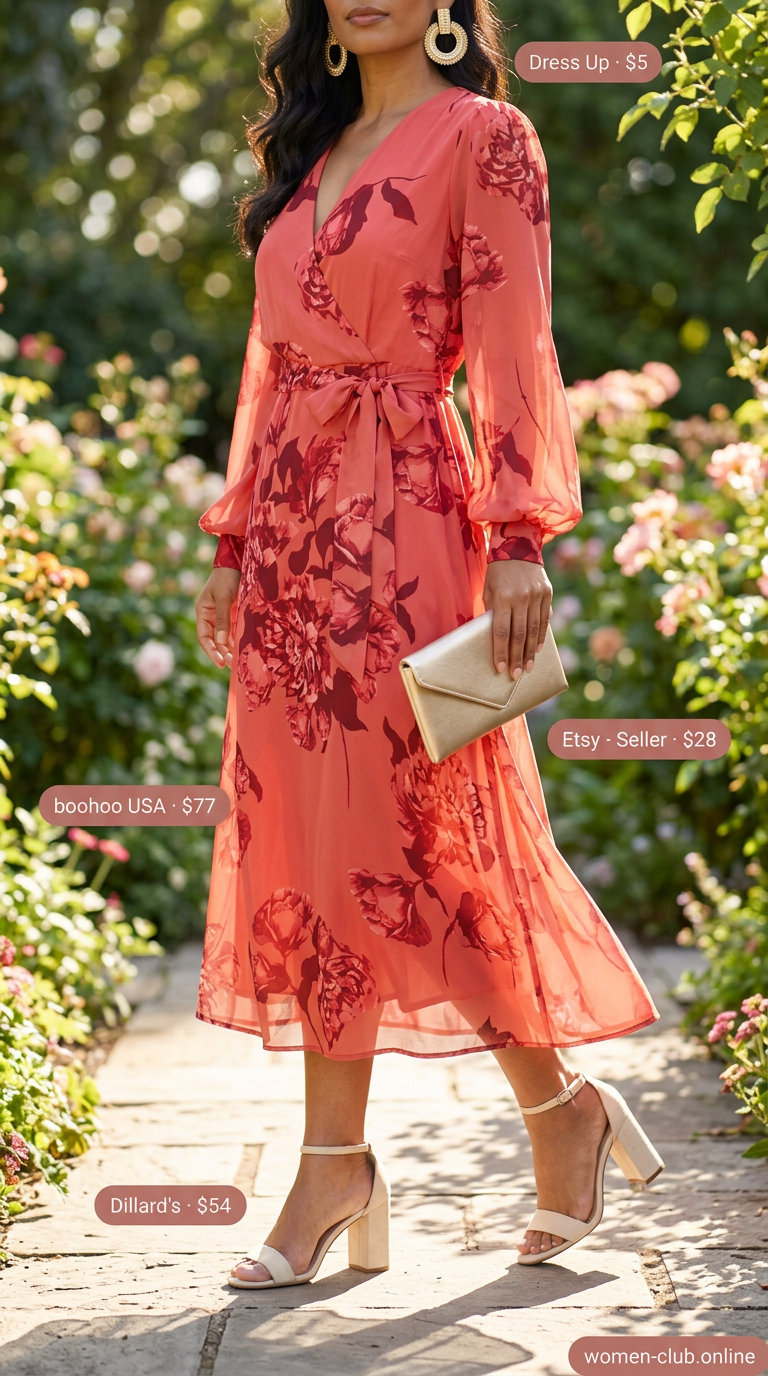 Day dresses summer 2026: Coral floral midi wrap dress with cream block heels and gold clutch for garden parties.