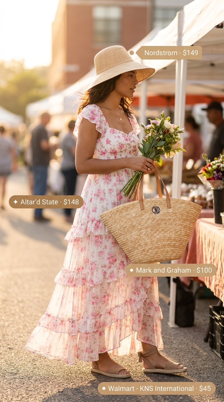 Day dresses summer 2026: Multicolor floral maxi dress with espadrilles and straw hat for farmer's market.