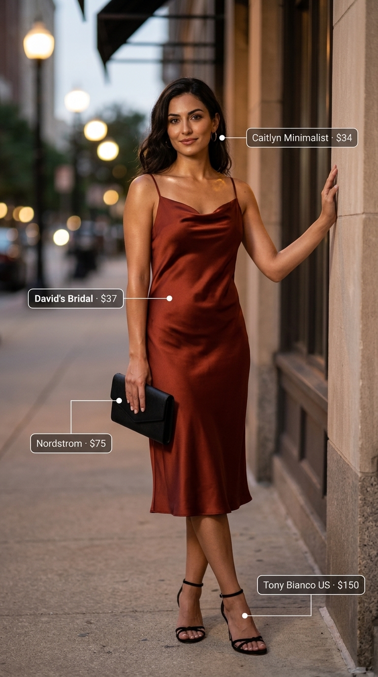 Day dresses summer 2026: Coral satin midi slip dress with strappy heels and clutch for evening.