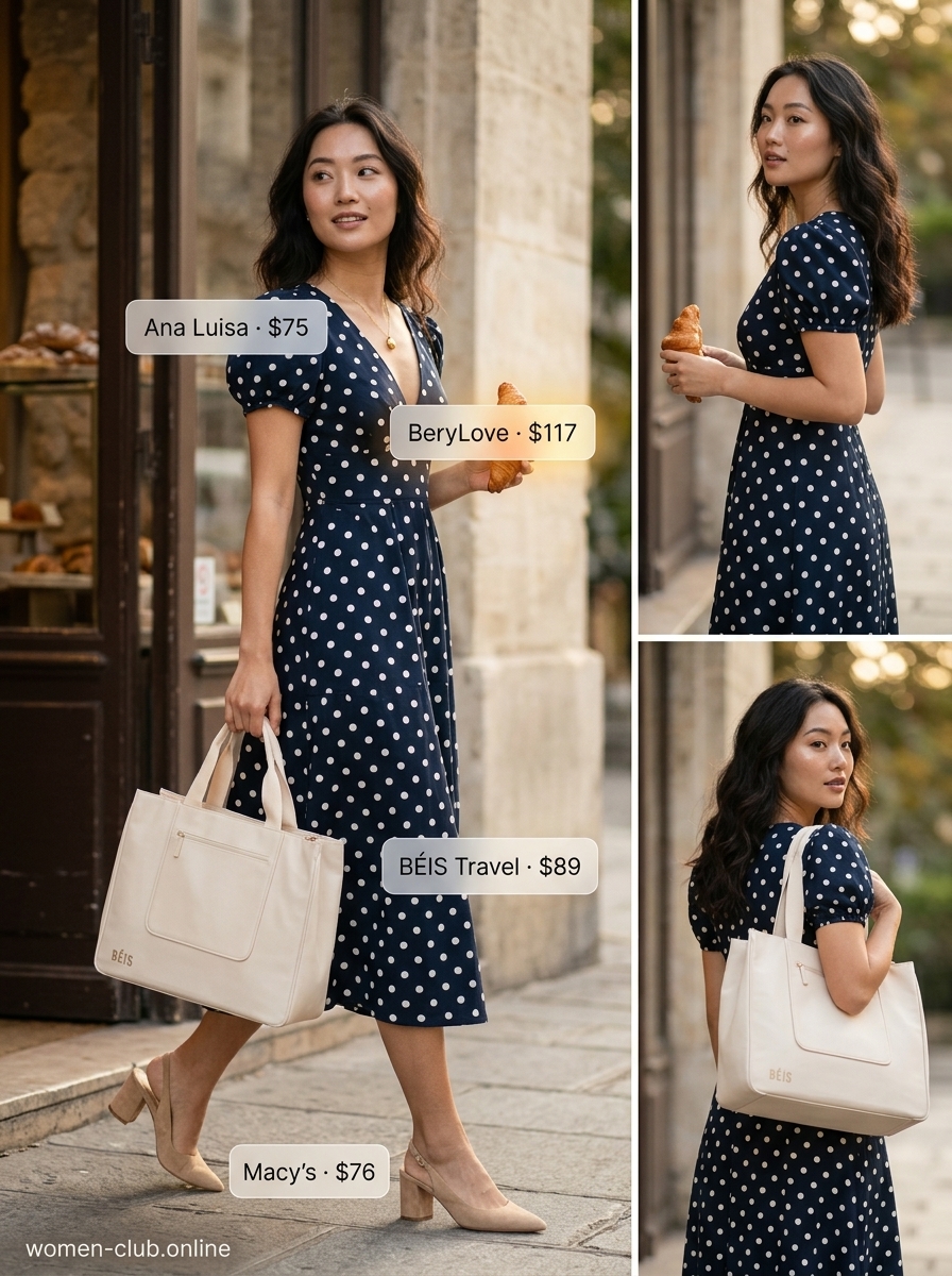 Classic navy polka dot midi dress for day dresses summer 2026, perfect for daytime events and brunch.