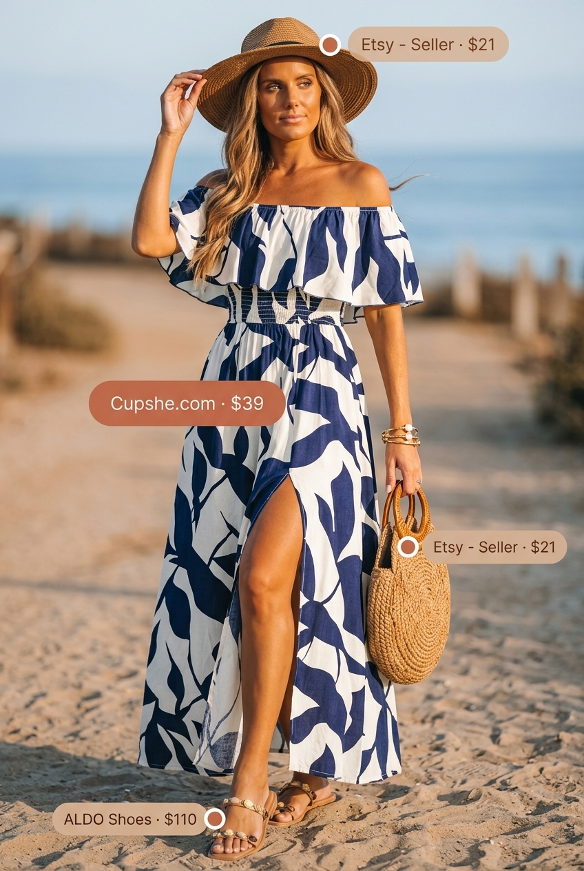 Day dresses summer 2026: Teal abstract print off-the-shoulder maxi dress with embellished sandals for vacation.