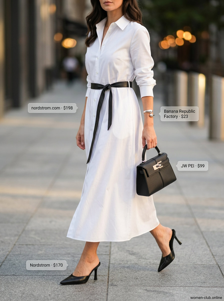 Chic day dresses summer 2026: White oversized shirtdress worn open with black mules and silver accessories.