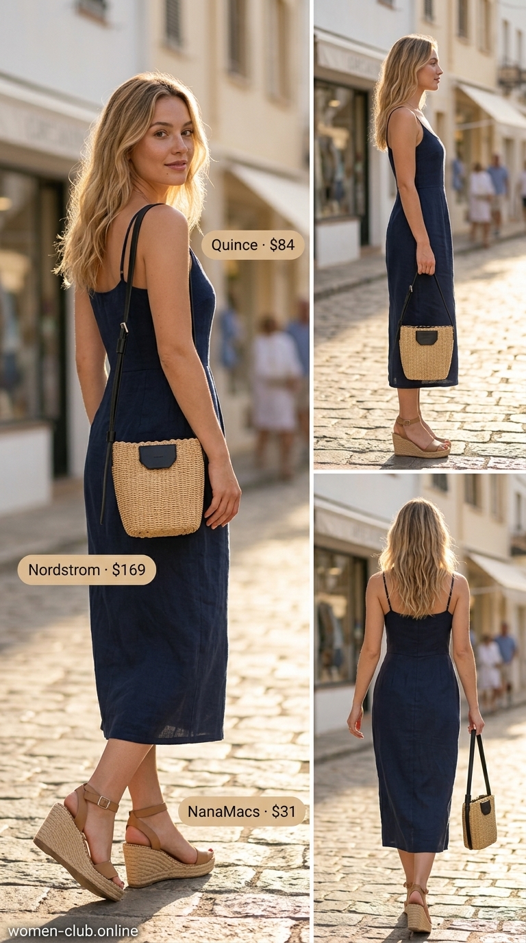 Nautical day dresses summer 2026: White linen shorts with striped top, espadrilles, and straw bag.
