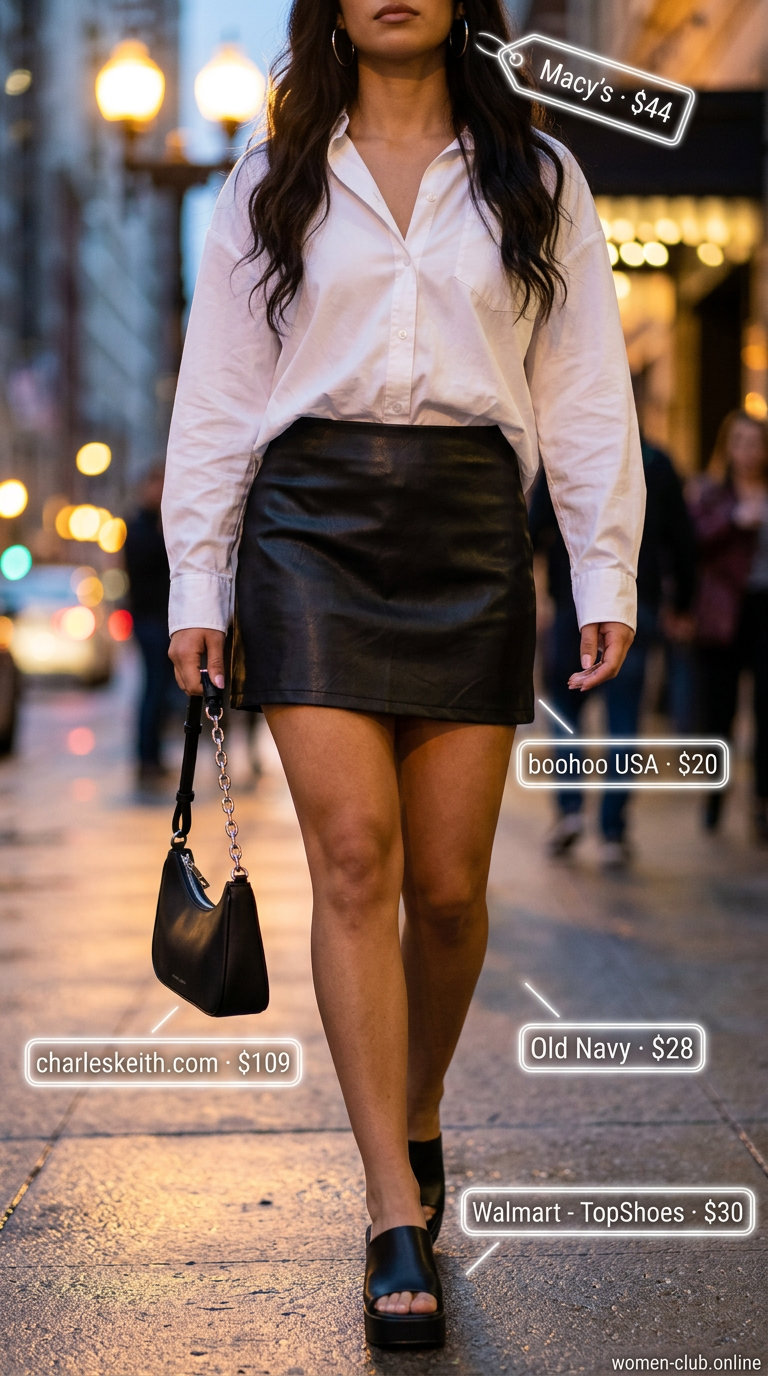 Styling mistake: Oversized shirt with mini skirt can look unbalanced. Avoid this for a chic night out look.