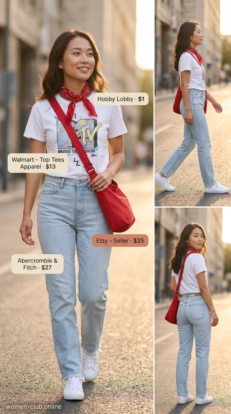 Retro outfit: High-waist jeans, graphic tee, bandana, and white sneakers. Avoid low-waist jeans for this look.