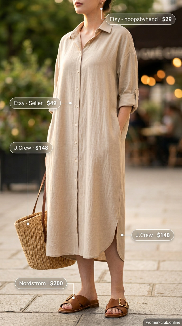 Beige linen shirt dress with slides for dressy pant outfits summer for women 2026. Effortless casual look.